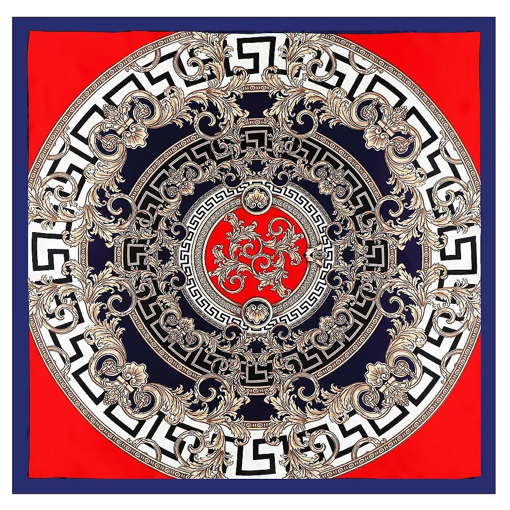 Women Satin Square Scarf Luxury Baroque Printed Headscarf Vintage Greek Key Pattern Neck Scarf Elegant Wrap Shawl Accessories