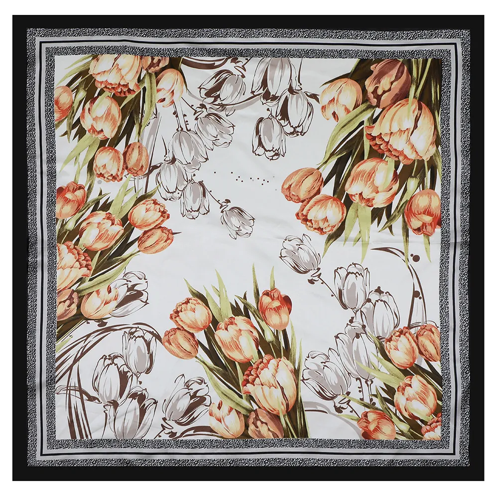 Foulard Carré en Satin à Imprimé Floral Tulipe pour Femmes Élégant Écharpe de Cou Légère Grand Bandana Mode Accessoires Cheveux Cadeau