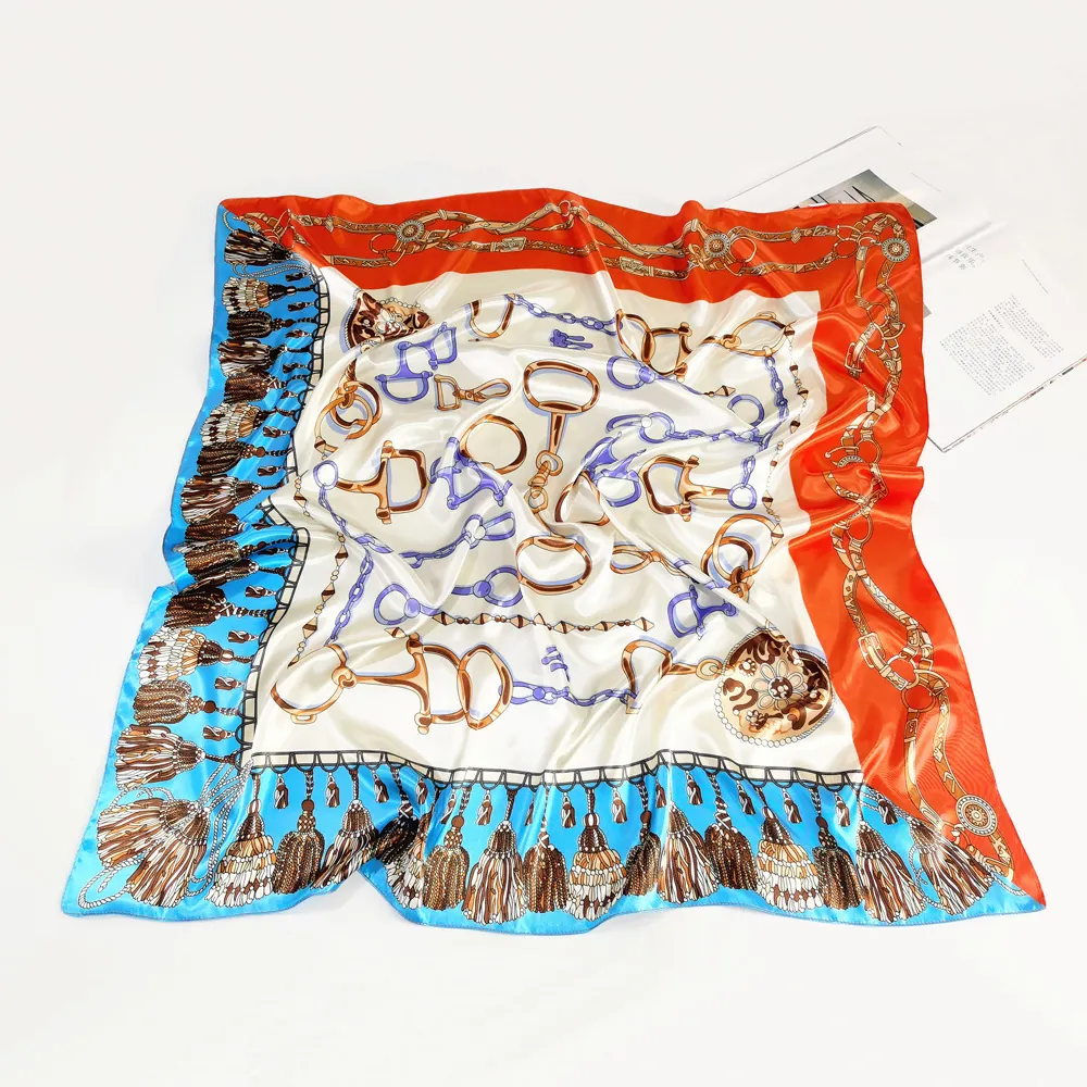 Vintage Satin Square Scarf For Women Large Fashion Equestrian Chain Tassel Print Shawl Elegant Sun Protection Hair Wrap Neck Kerchief