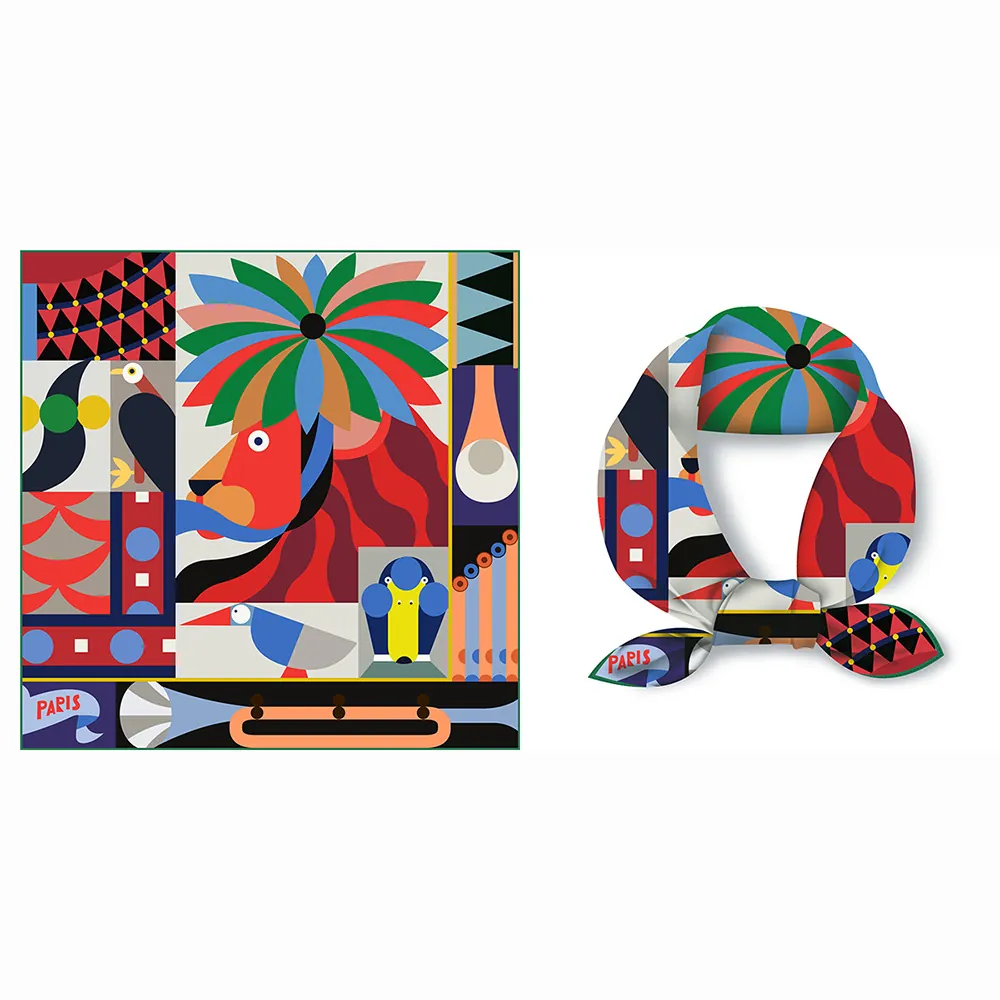 Foulard Carré en Satin 53cm Imprimé Lion Artistique Abstrait Effet Soie PARIS Sergé Bandana Décoratif pour Femme