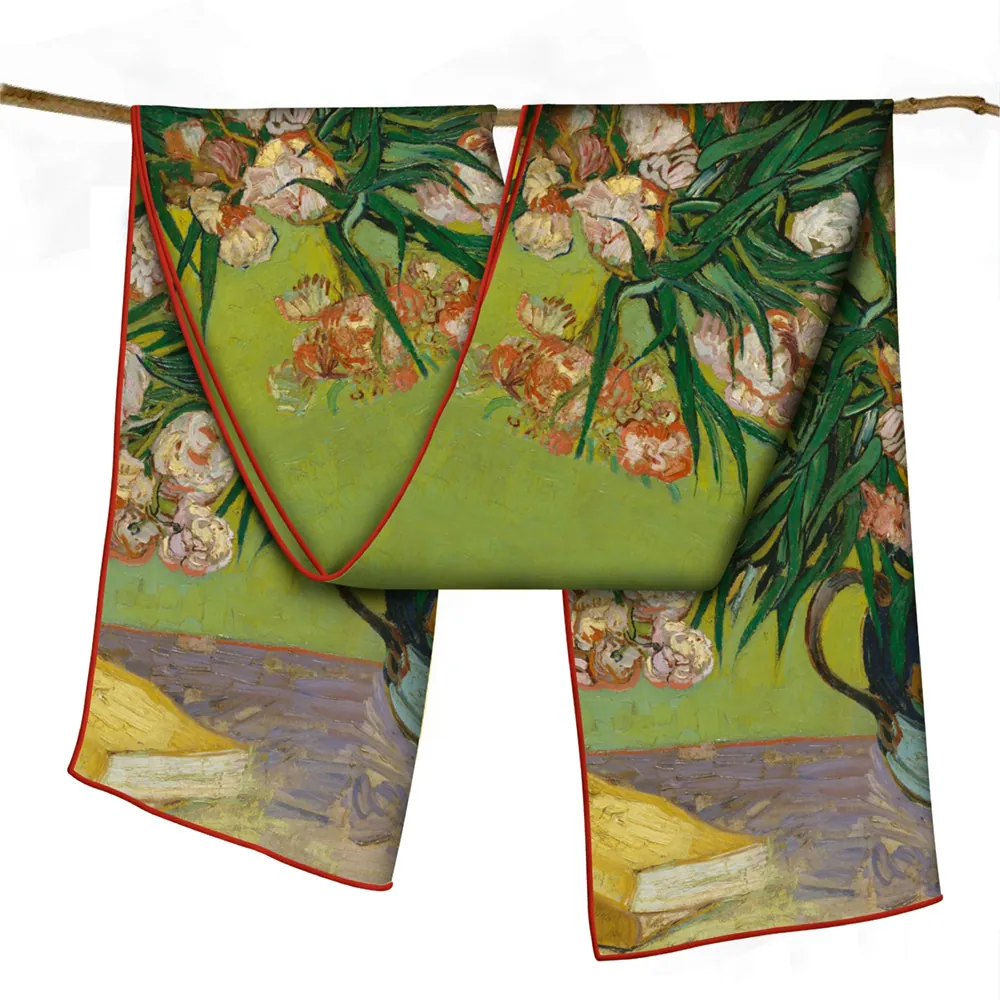 Artistic Oil Painting Floral Long Scarf For Women Satin Twill Silk Feel Oleander Printed Shawl Elegant Wrap For Daily Office Decor