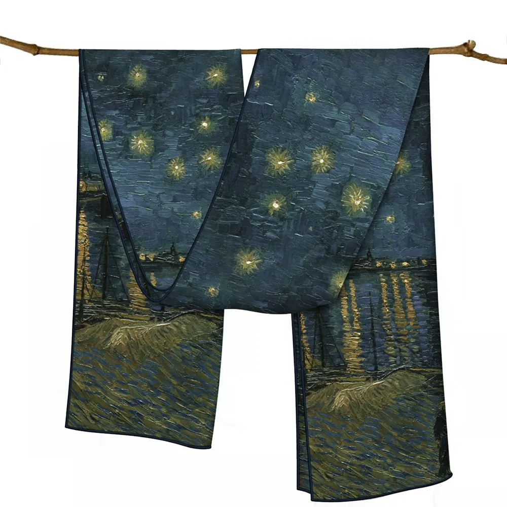 Artistic Starry Night Oil Painting Print Satin Scarf Elegant Lightweight Long Wrap Shawl For Women Fashion Decorative Accessory Gift