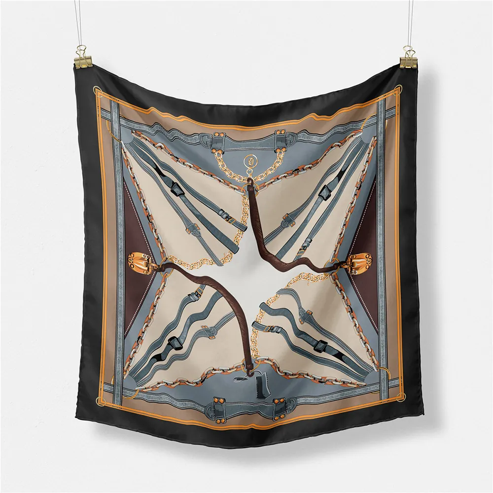Vintage Equestrian Carriage Chain Pattern Satin Square Scarf For Women Luxury Silk Feel Small Neckerchief Fashion Head Hair Wrap