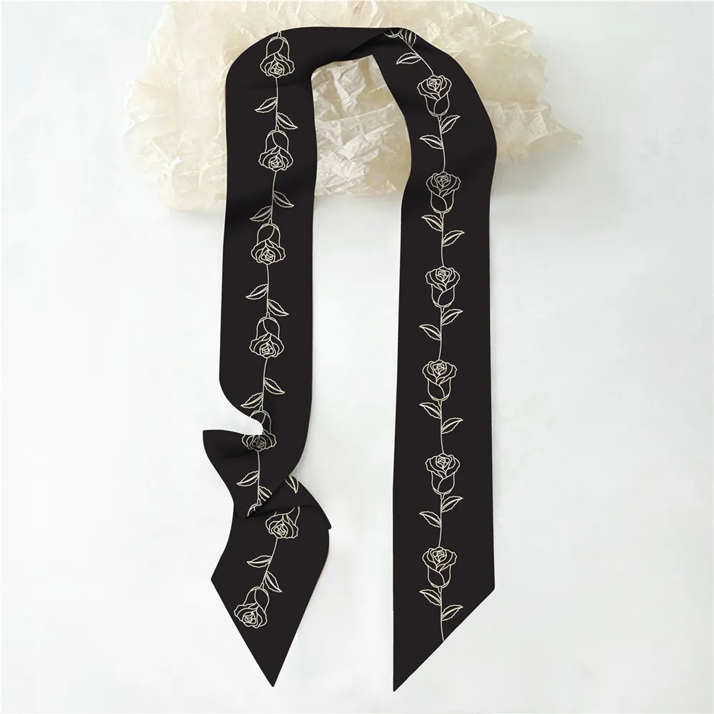 Elegante Foulard in Satin con Stampa Floreale di Rose per Donna Nastro per Capelli Decorazione per Borsa Stile Francese