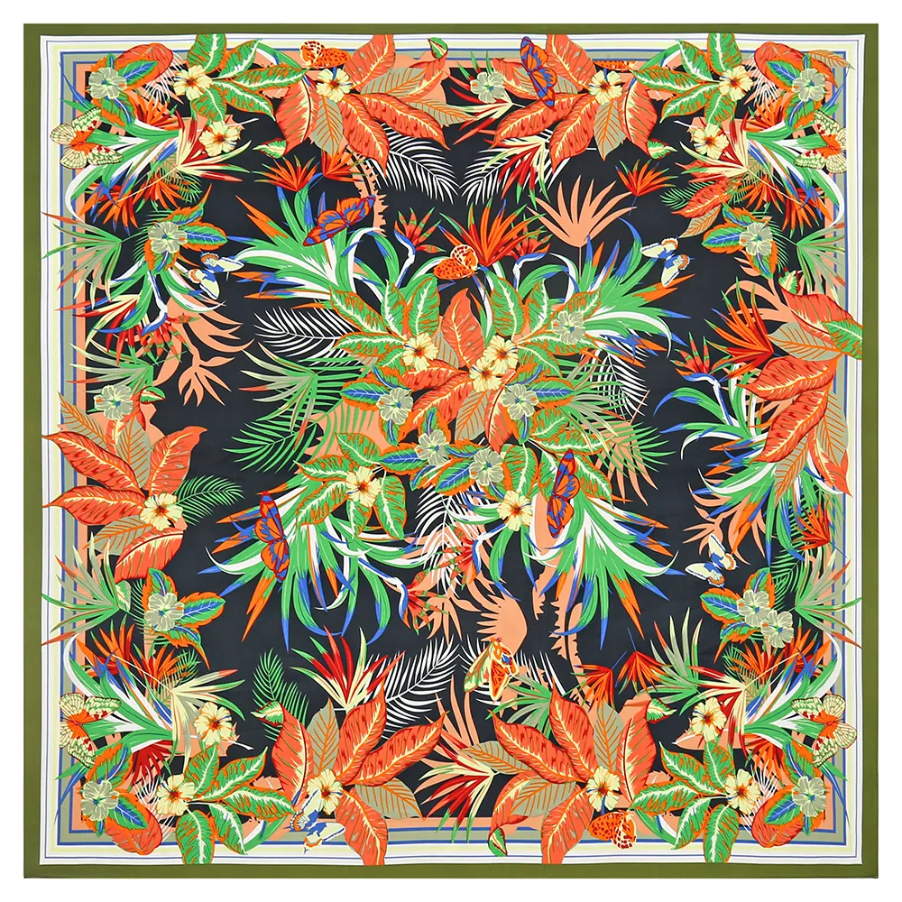 French Style Large Square Satin Scarf For Women Floral Tropical Palm Leaf Butterfly Print Luxury Silk Feel Shawl Wrap Scarf