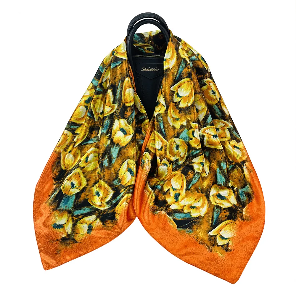 Foulard Carré en Satin Élégant pour Femmes Imprimé Floral Motif Magnolia Peinture à l'Huile Rétro Grand Châle Aspect Soie