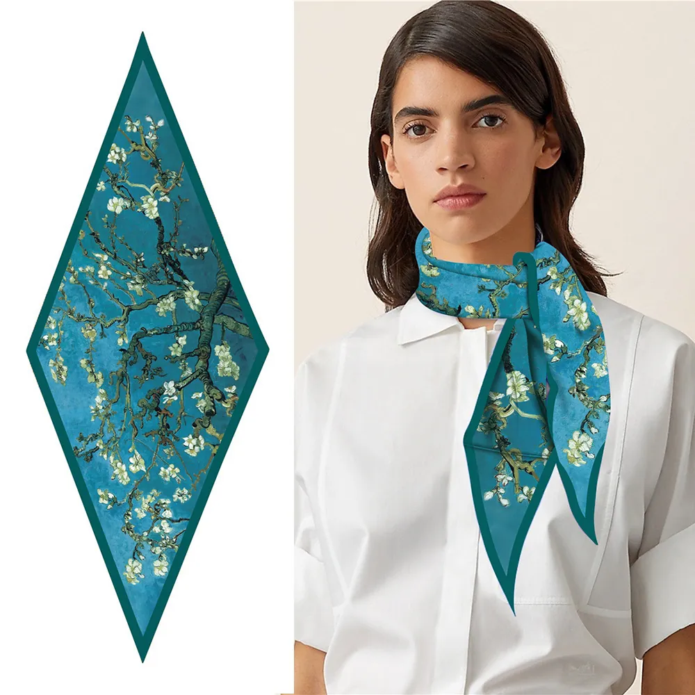 Artistic Van Gogh Almond Blossom Print Rhombus Scarf For Women Elegant Satin Neckerchief Decorative Ribbon Hair Band Accessory