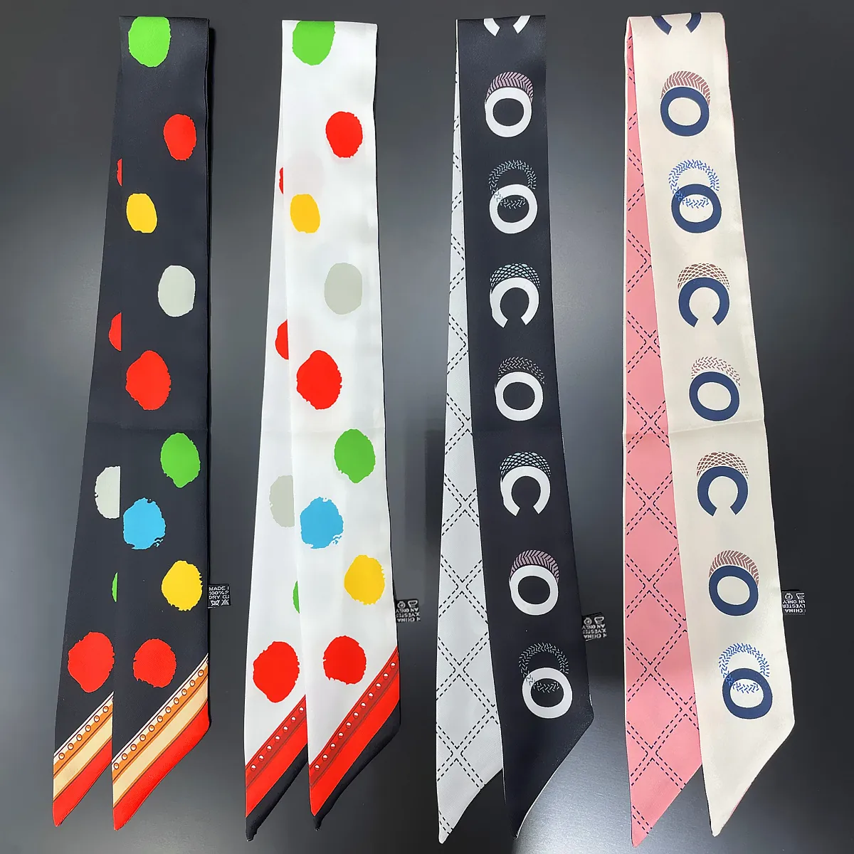 Women Satin Twilly Scarf Polka Dot Geometric Pattern Thin Hair Band Bag Handle Decorative Ribbon Long Neck Scarf Accessories