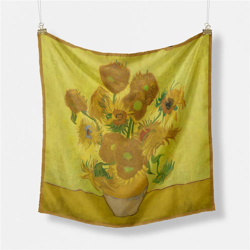 Artistic Women Van Gogh Sunflower Oil Painting Pattern Satin Square Scarf Silk Like Feel Versatile Decorative Neck Wrap
