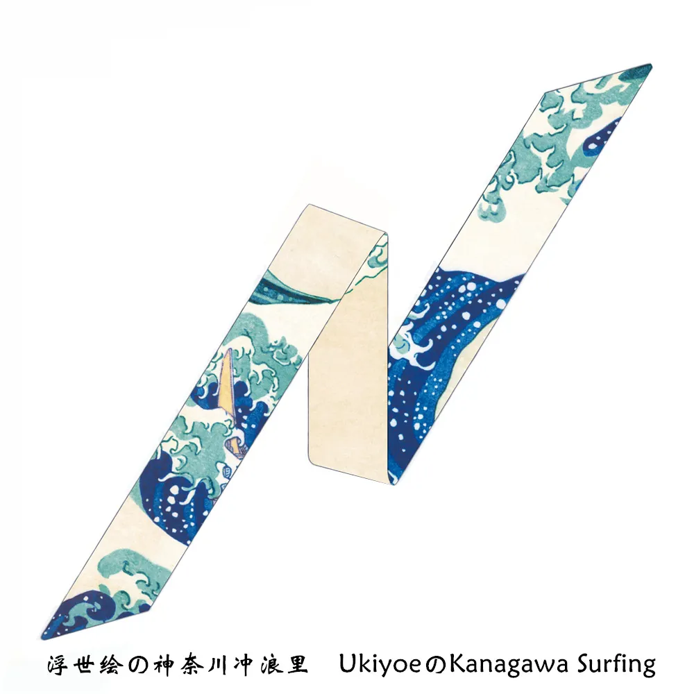 Japanese Ukiyoe Great Wave Print Satin Skinny Scarf For Women Artistic Bag Ribbon Hair Band Decorative Scarf