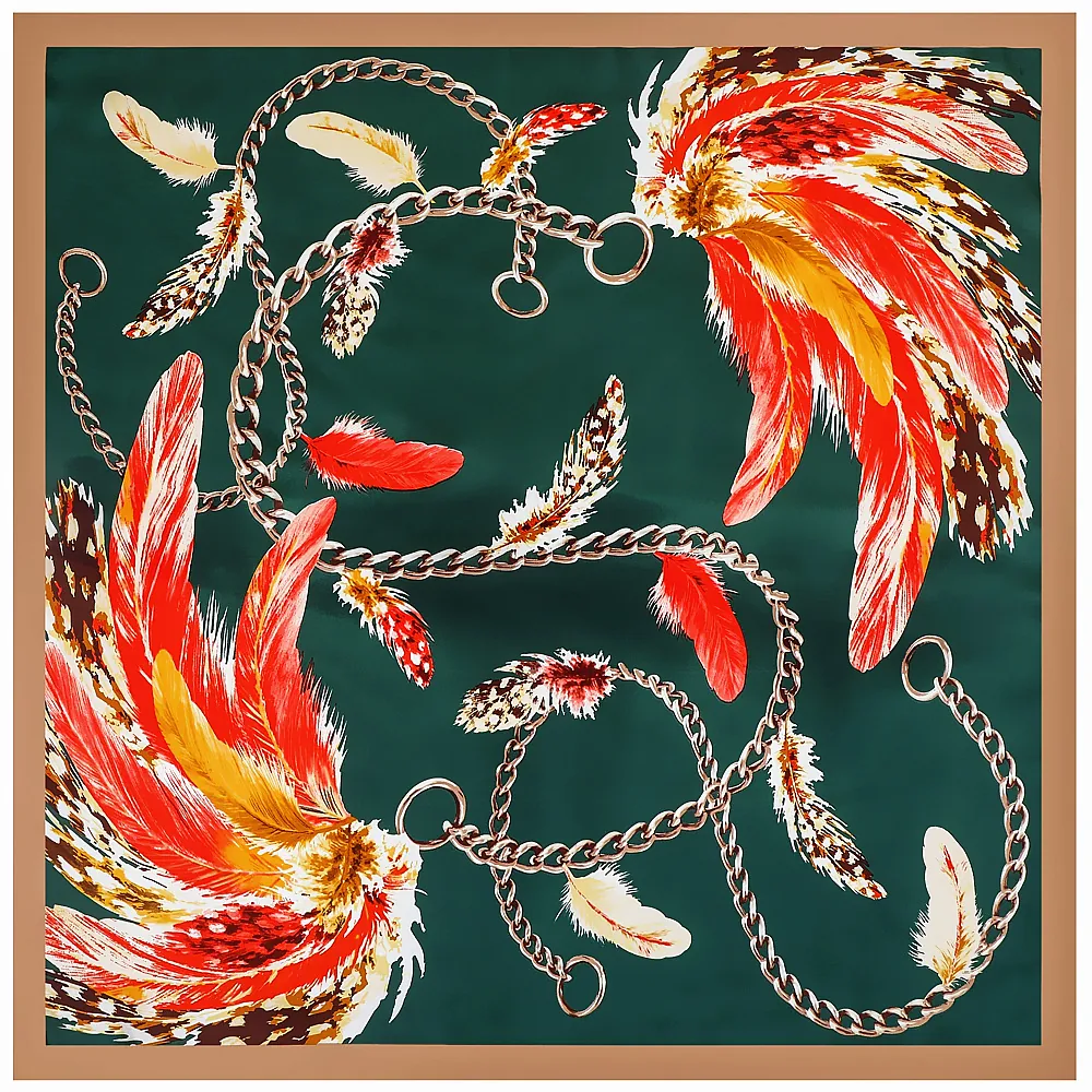 Women Satin Large Square Scarf Fashionable Animal Feather Metallic Chain Printed Shawl Headscarf Wrap Elegant Accessory