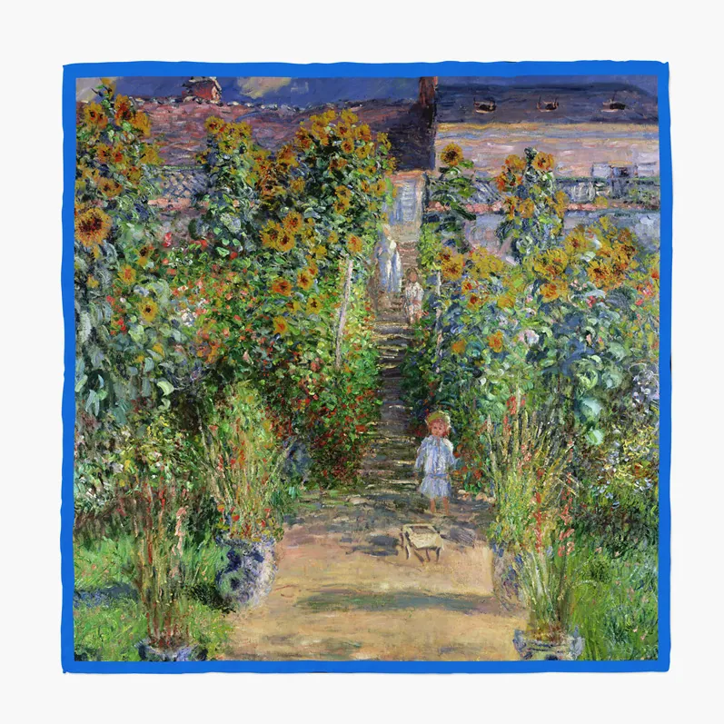 Carré en Satin pour Femmes Peinture à l'Huile Impressionniste Monet Impression Artistique Jardin de Fleurs Foulard Sergé Voyage