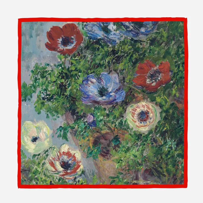 Women's Monet Oil Painting Series Anemone Print Satin Square Scarf Twill Decorative Elegant Neck Scarf With Red Border
