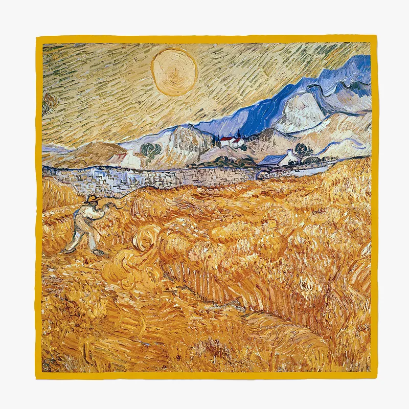 Van Gogh Style Wheat Field Oil Painting Print Satin Square Scarf Artistic Twill Decorative Neck Scarf For Women Office Lady