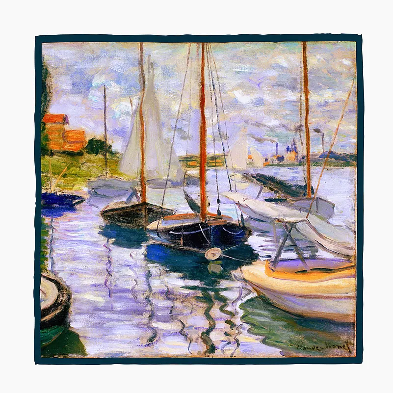 Petit Foulard Carré en Satin pour Femmes Série Claude Monet Peinture à l'Huile Bateaux Seine Imprimé Sergé Décoratif