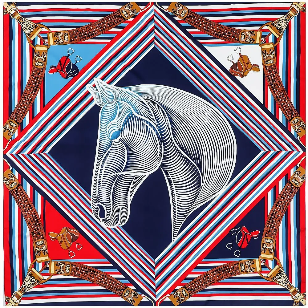 Women Retro Horse Pattern Geometric Stripe Satin Scarf Luxurious Large Square Shawl Wrap Elegant Fashion Neck Headscarf