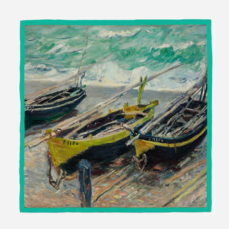 Vintage Artistic Oil Painting Satin Square Scarf For Women Lightweight Neckerchief Monet Fishing Boat Print Fashion Headwrap Accessory