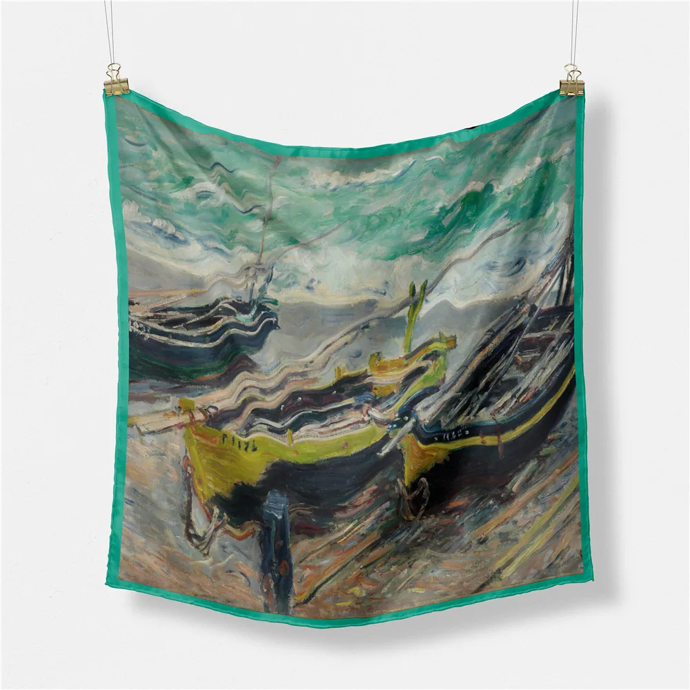 Monet Oil Painting Print Satin Square Scarf Women Artistic Green Fishing Boat Floral Decorative Neck Scarf 53x53cm Accessory