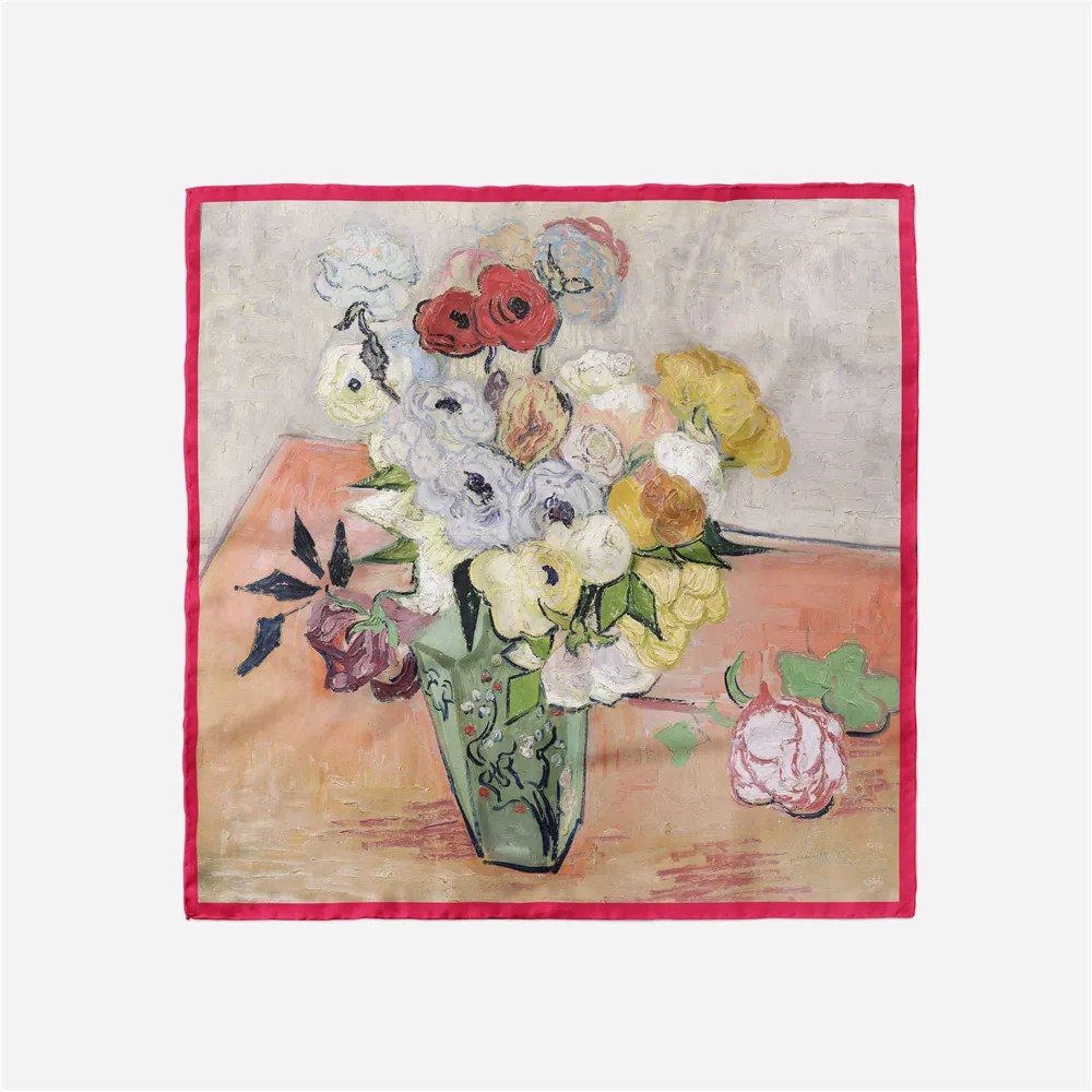 Foulard Quadrato in Satin Vintage Pittura a Olio di Van Gogh Con Stampa Floreale da Donna Rose e Anemoni Accessorio Collo