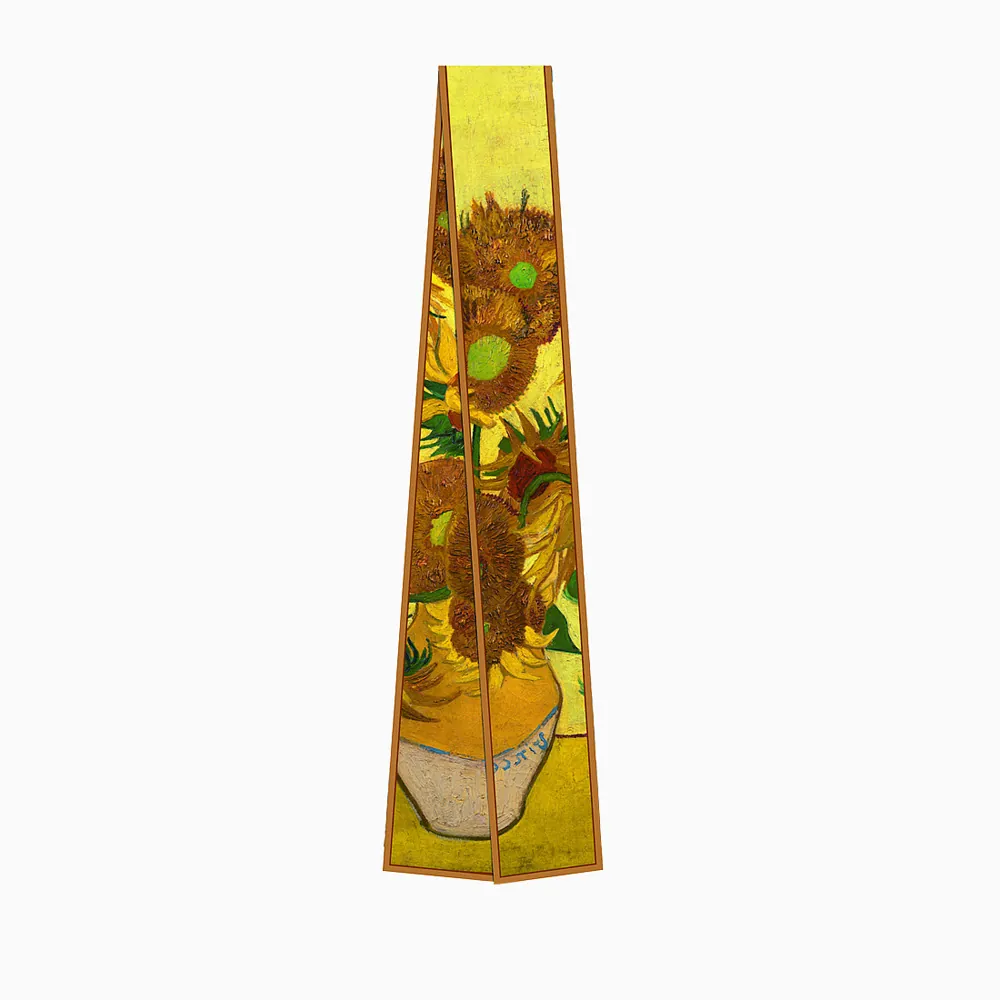 Foulard Long pour Femmes Motif Tournesol Peinture à l'Huile Van Gogh Ruban Cheveux Artistique en Satin Twill Décor Sac à Main