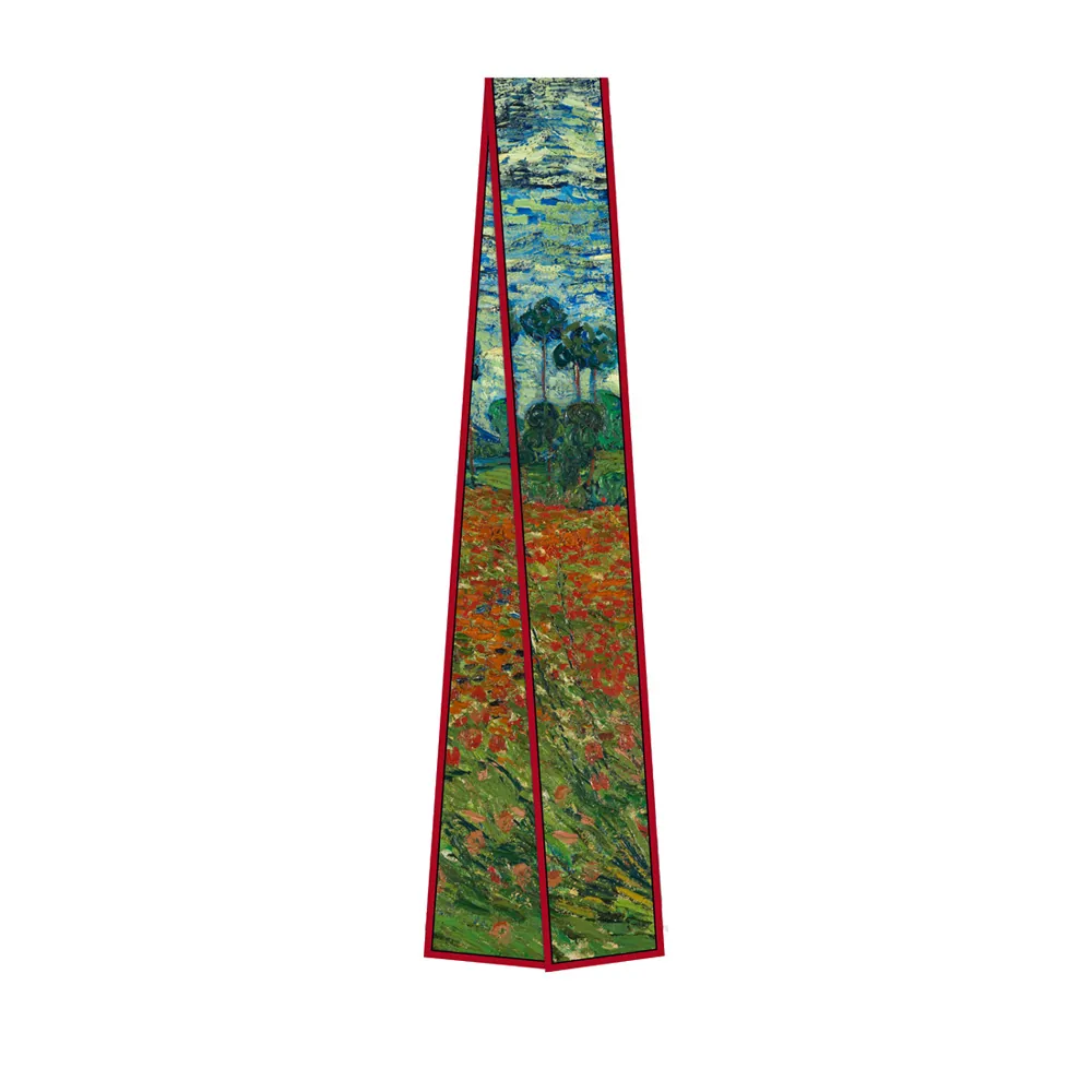 Écharpe en Satin Imprimé Peinture à l'Huile Artistique Jardin pour Femmes Ruban Long Étroit Cravate Bandeau Cheveux Sac Accessoire
