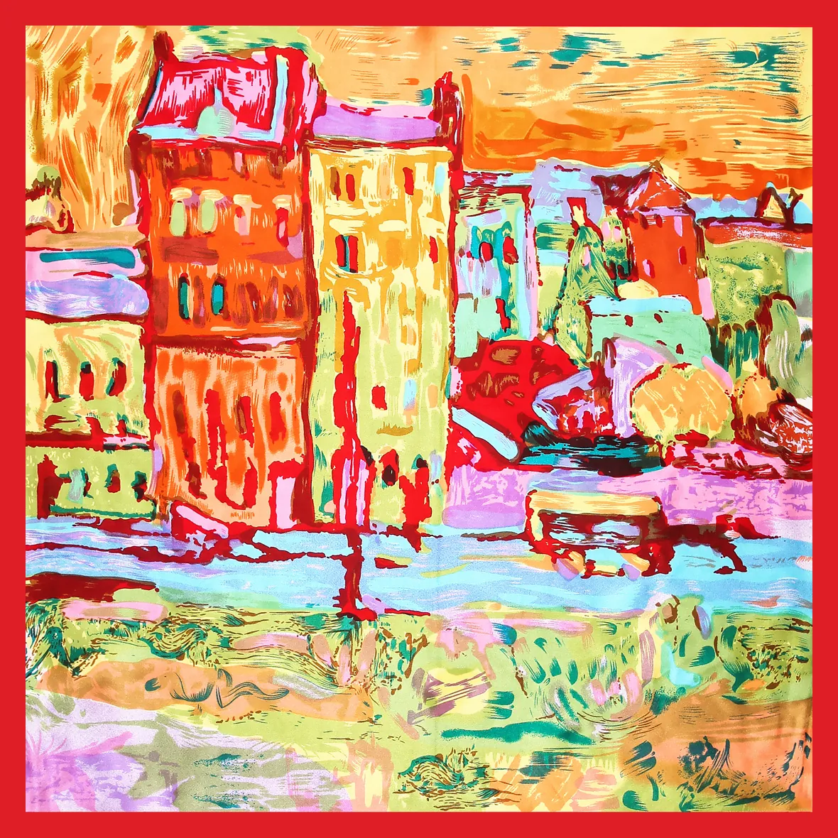 Women Oil Painting House Abstract Art Satin Square Scarf Silk Feeling Decorative Neck Head Scarf Fashion Accessories Gift