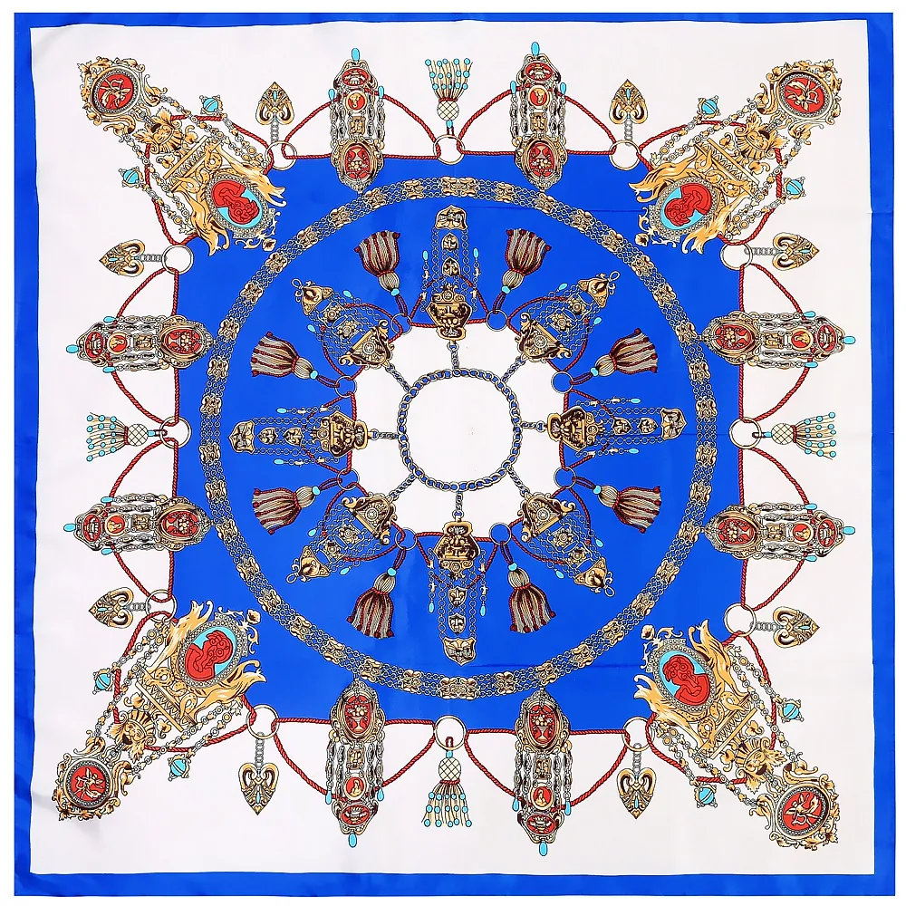Γυναικείο Κομψό Σατέν Τετράγωνο Μαντήλι Vintage Baroque Αλυσίδα Φούντα Άρμα Τύπωμα Σάλι Διακοσμητικό Αξεσουάρ Λαιμού
