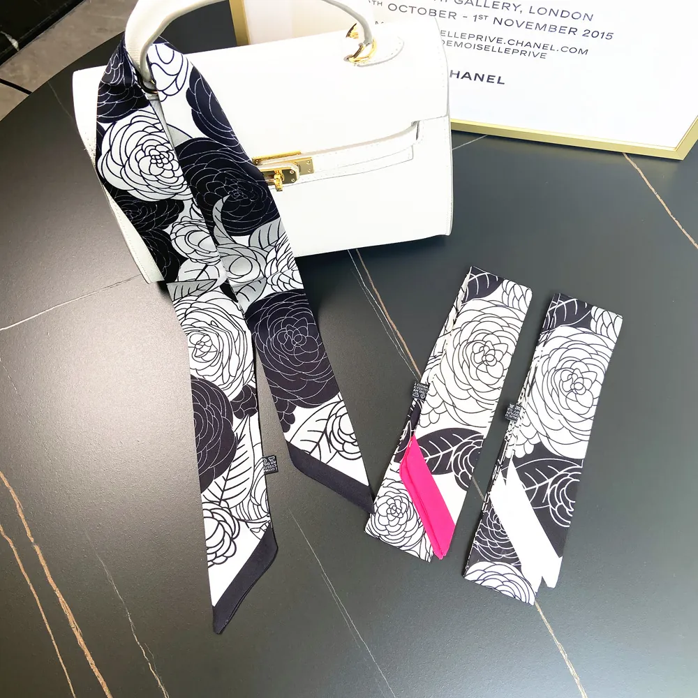 Elegant Camellia Pattern Skinny Scarf For Women Satin Handbag Handle Wrap Ribbon Hair Tie Neck Scarf Fashion Accessory