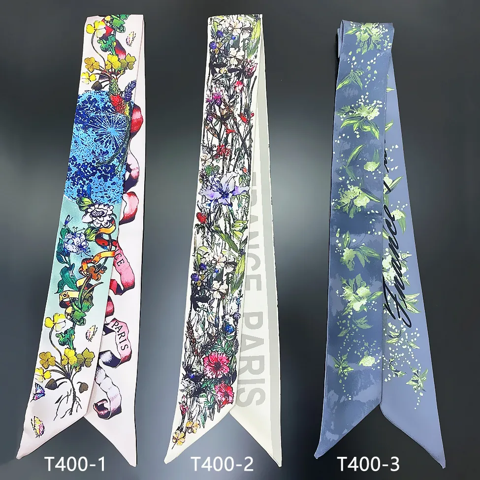 Women Floral Butterfly Print Satin Ribbon Scarf Long Twilly For Hair Handbag Wrap Neck Tie Wristband Fashion Accessory