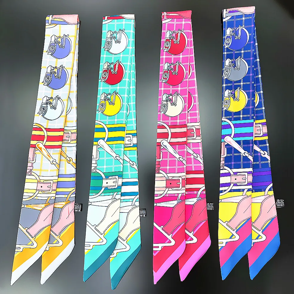 Women Satin Twilly Scarf Equestrian Horse Head Print Ribbon For Handbag Handle Hair Tie Headband Neckerchief Accessory