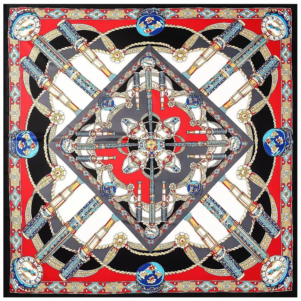 Pañuelo Cuadrado Grande de Satén para Mujer Estampado de Brújula Náutica Vintage Chal Barroco Retro Pañuelo Decorativo Hijab de Viaje
