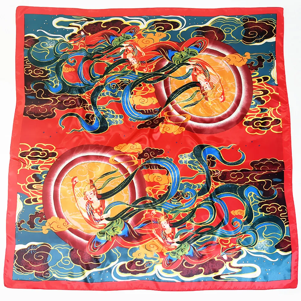 Dunhuang Flying Apsaras Satin Square Scarf For Women Ethnic Retro Printing Headscarf Sun Protection Shawl Silk Like Accessory