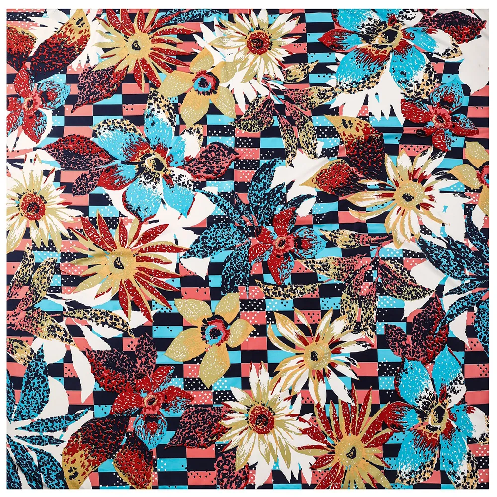 Women Fashion Satin Square Scarf Sunflower Floral Print Checkered Bohemian Shawl Headscarf Decorative Wrap Accessories