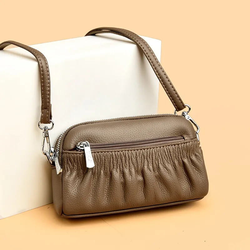 Women Genuine Leather Crossbody Bag Ruched Litchi Texture Multi Layer Zipper Small Shell Purse Messenger Bag For Daily Use