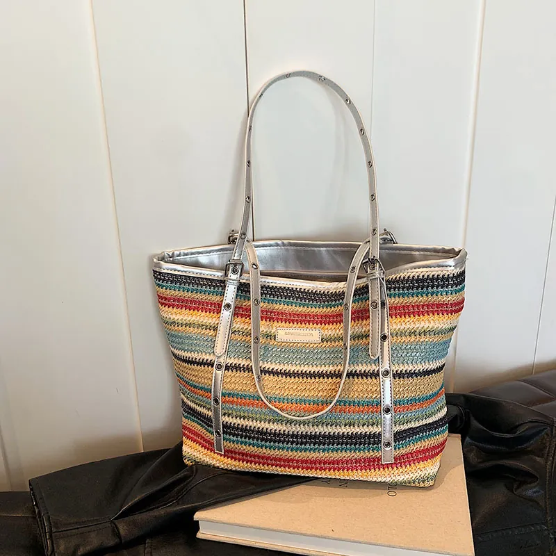 Women Large Capacity Straw Woven Tote Bag Colorful Horizontal Stripes Shoulder Bag With Silver Adjustable Eyelet Straps