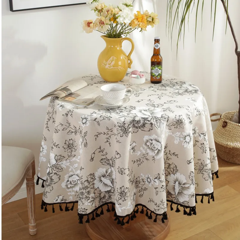 Round Cotton Linen Tablecloth With Tassel Edge Retro Floral Tree Print Washable Dustproof Table Cover For Home Dining Kitchen Decor