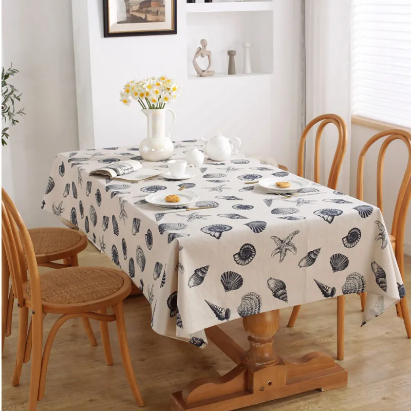 Mediterranean Seashell Pattern Cotton Polyester Blend Rectangular Tablecloth For Kitchen Dining Room Home Decor Nordic Rustic Table Cover