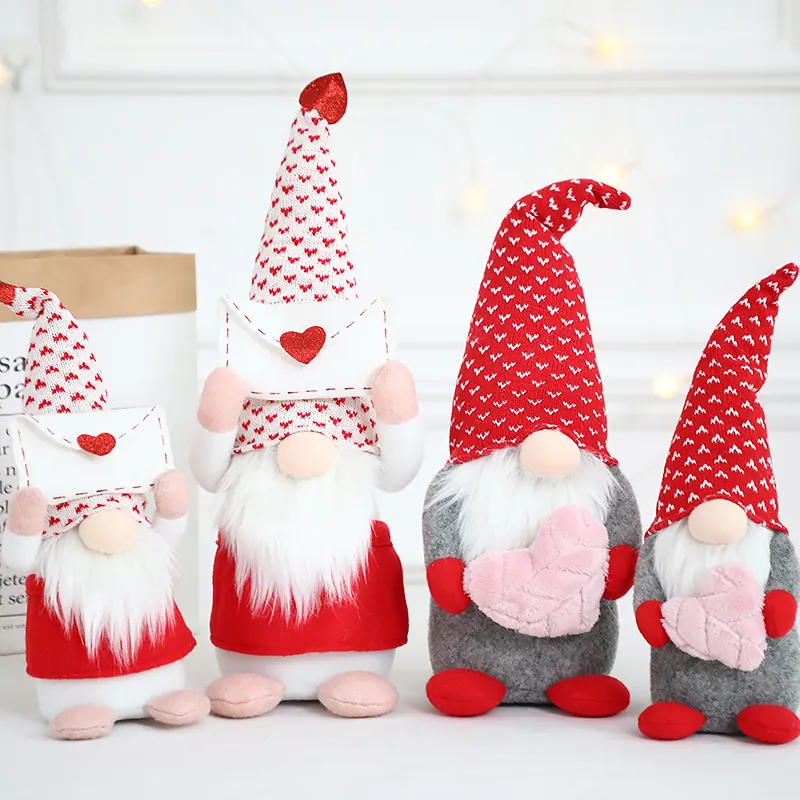 Valentine's Day Gnome Plush Doll Holding Heart Envelope Handmade Knitted Faceless Dwarf Decoration For Home Desktop Gift