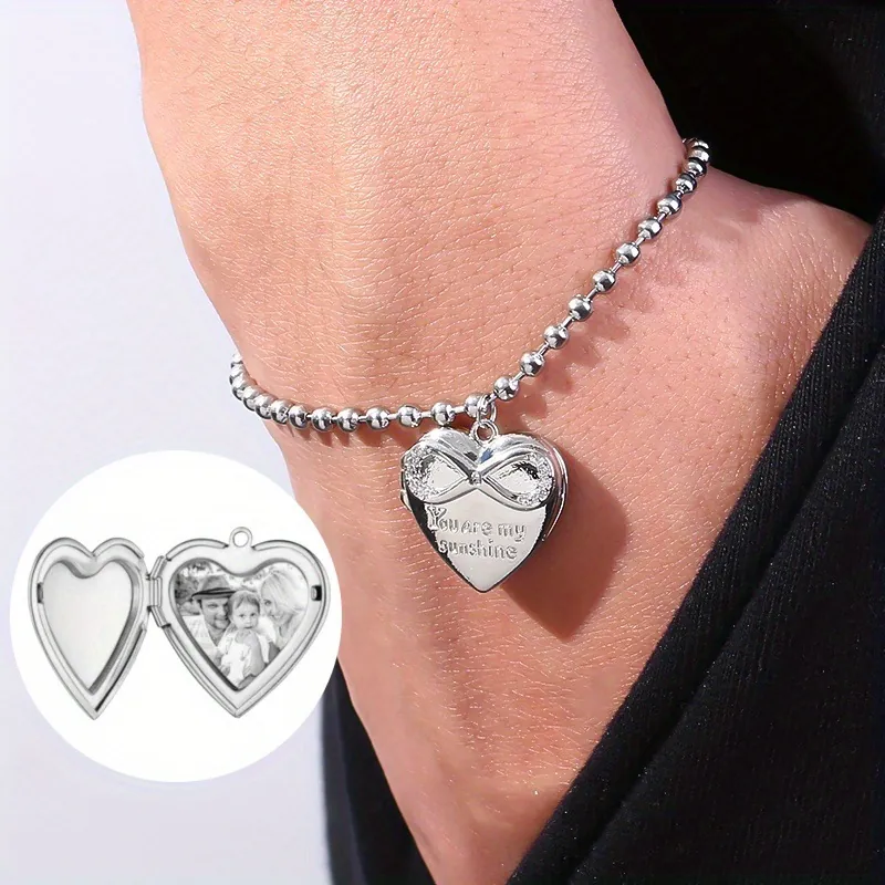 Bracelet Médaillon Cœur en Acier Inoxydable Symbole Infini Gravé Sunshine Bracelet Chaîne à Billes Bijoux Femme Cadeau