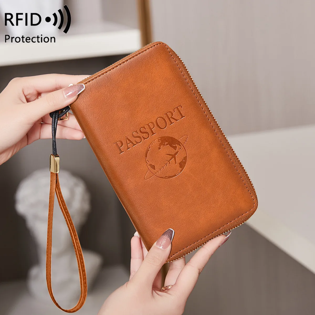 Multifunctional RFID Blocking Passport Holder PU Leather Travel Wallet Long Zipper Card Case Ticket Organizer For Unisex