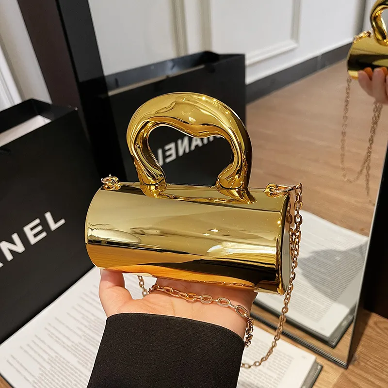 Luxury Acrylic Cylinder Mini Evening Bag Mirror Surface Clutch Purse With Metal Chain Strap For Women Party Banquet