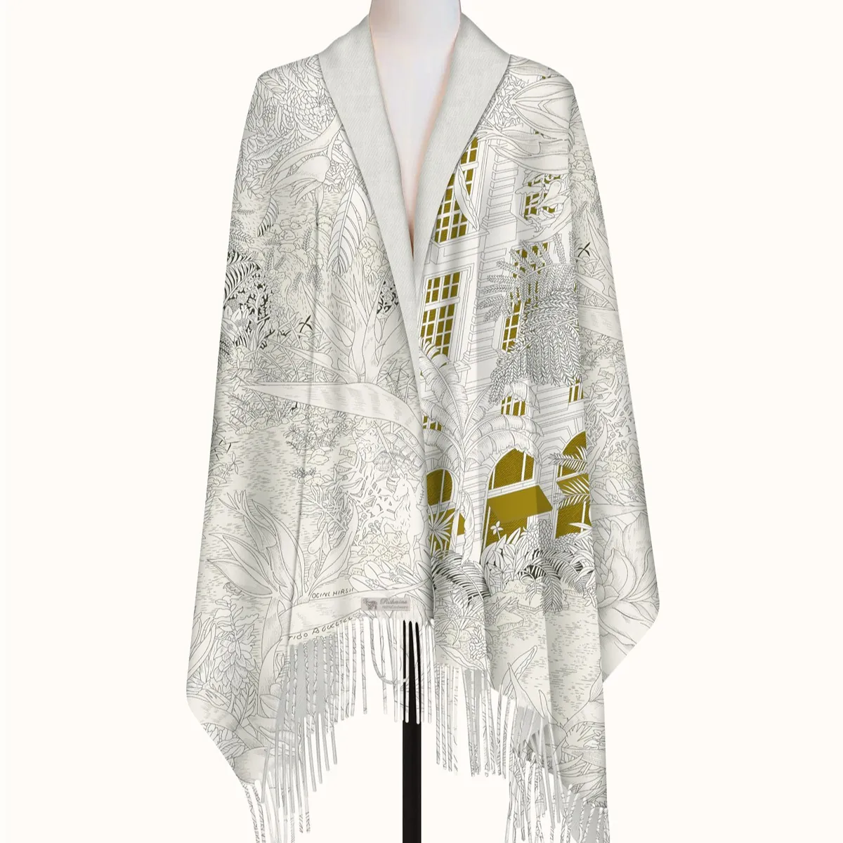 Women Elegant Imitation Cashmere Scarf Shawl With Tassel Floral Architecture Print Winter Warm Long Wrap Scarf For Daily Wear