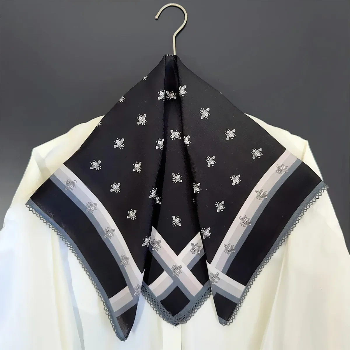 Women Elegant Silk Cotton Blend Square Scarf Bee Pattern Lace Trim Striped Edge Versatile Neckwear Accessory For Daily Wear