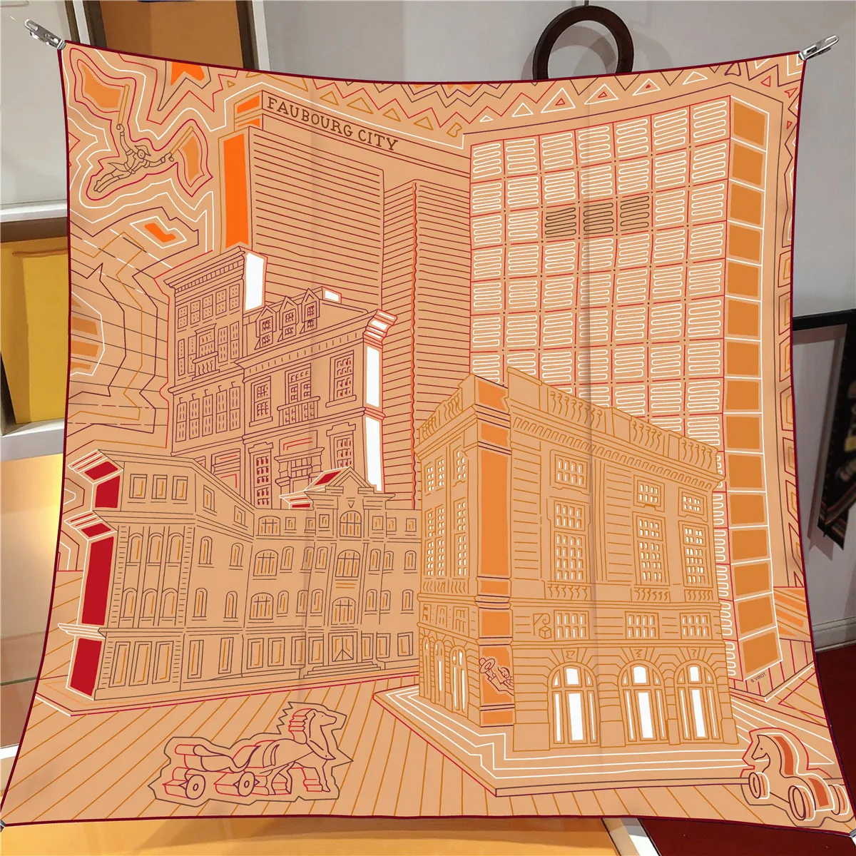 French Vintage Orange Geometric Architecture Printed Satin Square Scarf For Women Fashion Cityscape Pattern Shawl Wrap
