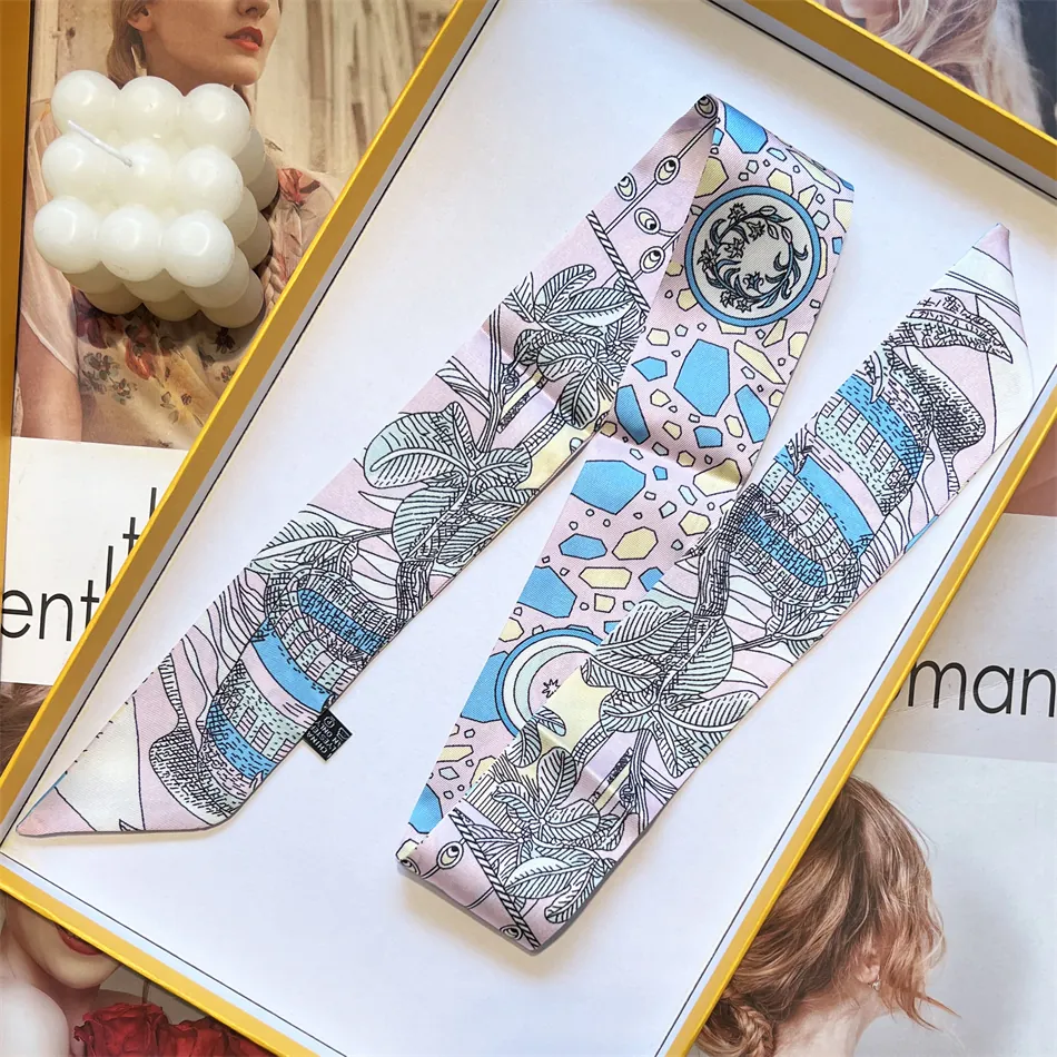 Damen Satin Schmaler Schal Eleganter Botanischer Druck Handtaschengriff-Band Vielseitiger Dekorativer Hals Haar Schal Französischer Stil