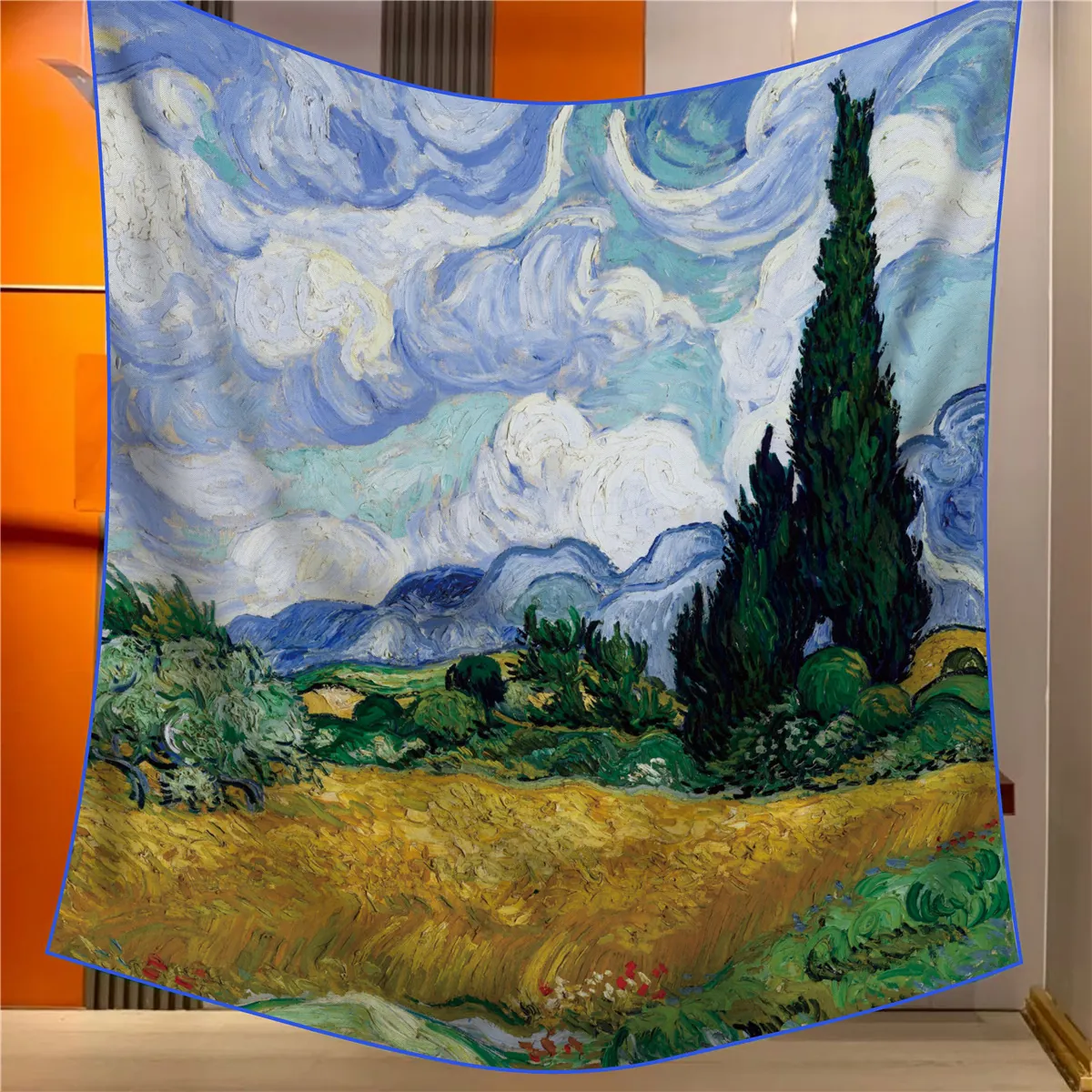 Van Gogh Oil Painting Wheat Field With Cypresses Faux Cashmere Shawl Large Square Scarf For Women Artistic Soft Wrap