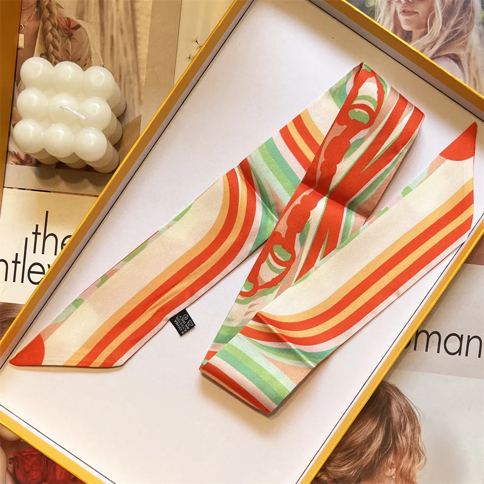 Fashion Women Narrow Satin Scarf Twilly Polyester Geometric Wave Pattern Hair Tie Bag Handle Wrap Ribbon Neck Scarf Accessory