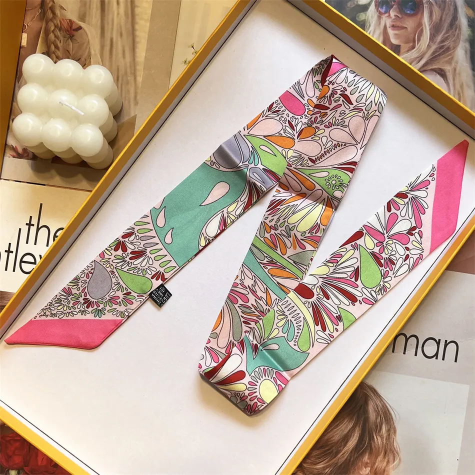 Women Retro Paisley Floral Printed Narrow Long Polyester Satin Scarf Hair Ribbon Twilly For Bag Handle Neck Scarf Decoration