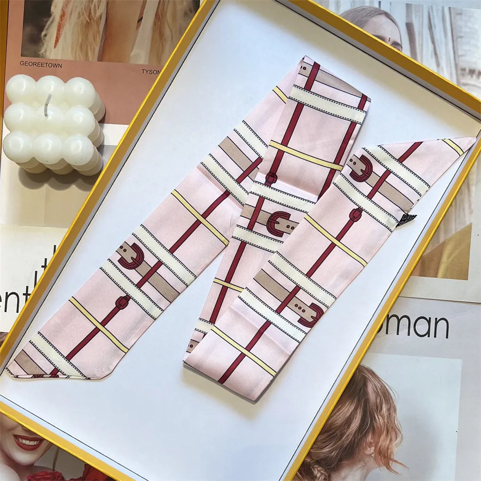 Französischer Stil Satin Langer Streifen Schal Für Damen Retro Gürtelschnalle Druck Schmaler Halstuch Mode Tasche Griff Band Haarband