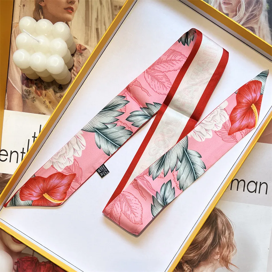 Foulard Twilly en Satin Élégant pour Femmes Imprimé Feuilles Tropicales Ruban de Sac Bandeau Cheveux Accessoire Mode
